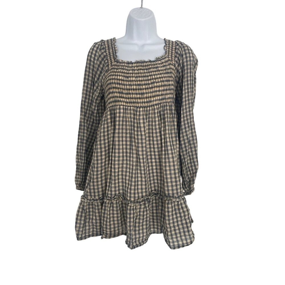 American Eagle Womens Plaid Smocked Tiered Long Sleeve Babydoll Dress M